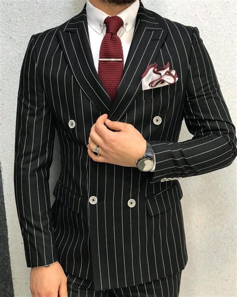 Buy Black Slim Fit Double Breasted Pinstripe Suit by GentWith.com