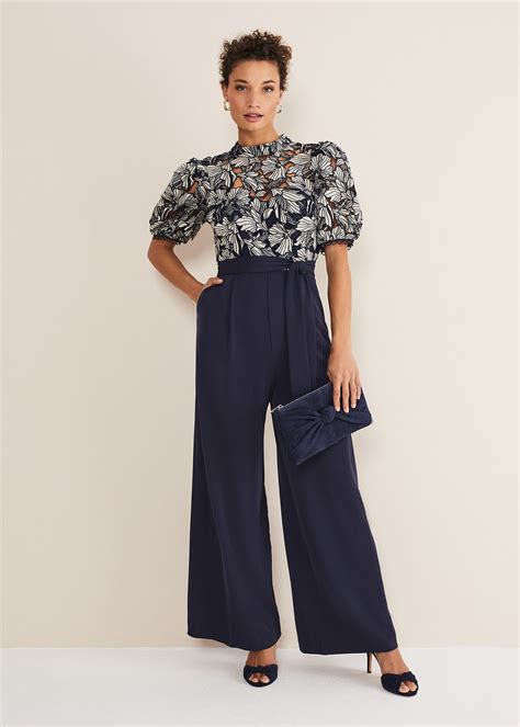 Navy Floral Lace Jumpsuit | Elegant Wide Leg | Phase Eight | Phase
