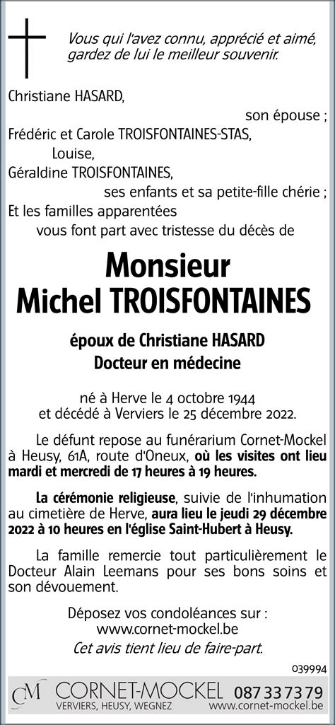 Michel TROISFONTAINES 25 12 2022 Avis nécrologique lavenir net