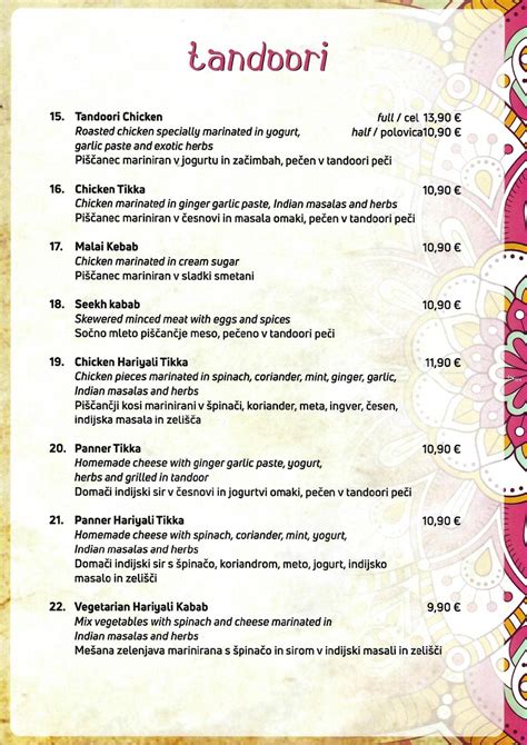 Menu At Taj Mahal Indian Restaurant Ljubljana