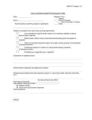 Fillable Online 8450 01 F1 Page 1 Of 1 FACE COVERING EXEMPTION REQUEST