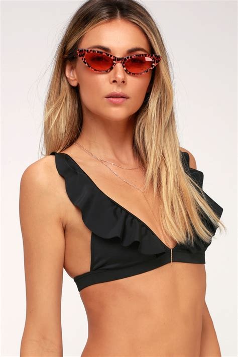 Black Bikini Top Ruffled Triangle Bikini Top