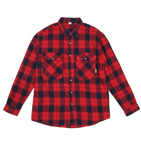 Wholesale European Style Men Red Black Plaid Long Sleeve Flannel Shirt