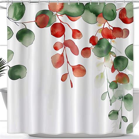 Watercolor Eucalyptus Shower Curtain Bright Red And Green Leaves On