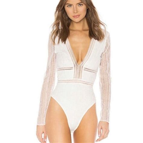 Superdown Tops Superdown Britni Deep V Bodysuit In White Lace Size