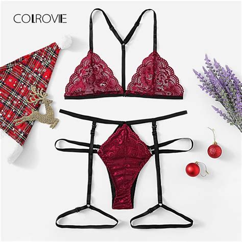 Colrovie Burgundy Solid Scalloped Garter Sexy Floral Lingerie Set