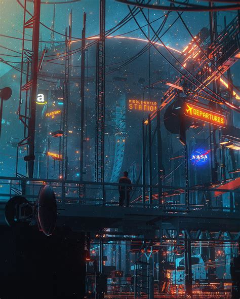 Arte digital ciudad cibernética cyberpunk gatos obra de arte Fondo