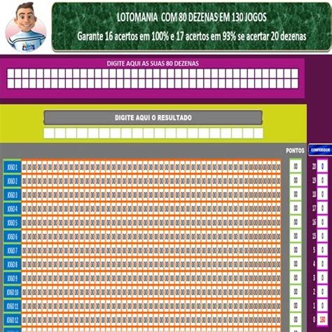 PLANILHA LOTOMANIA 80 DEZENAS EM 130 JOGOS