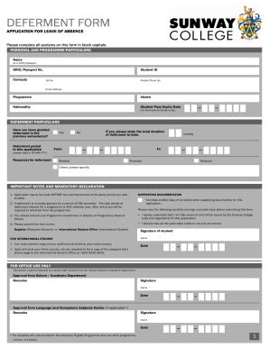 2010 MY Sunway College Deferment Form Fill Online Printable Fillable