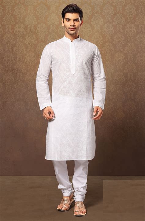 White Cotton Poly Embroidered Kurta Pajama Shilpa Creation