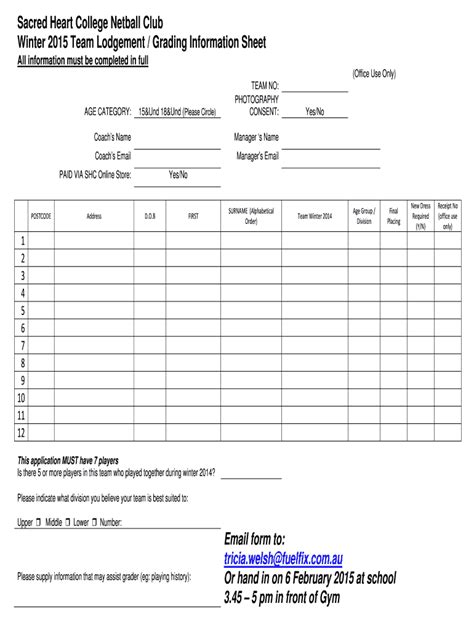 Fillable Online Sacredheart Wa Edu Winter Team Registration Form