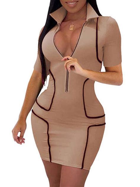 Minikleid Sexy Partykleider Bodycon Damen Sexy Kleid Khakifarbe Kurzarm