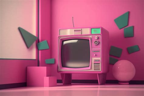 Premium Ai Image A Pink Tv Set With A Green Screen And A Pink Box