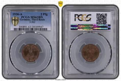 NAZI COIN PCGS MS63BN 1936 A 2 Pfennig Pfg Germany J 362 WW2 Third