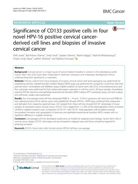 Pdf Significance Of Cd133 Positive Cells In Four Novel Hpv 16