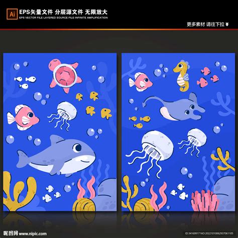 手绘海豚热带鱼卡通海底生物背景设计图卡通设计广告设计设计图库昵图网