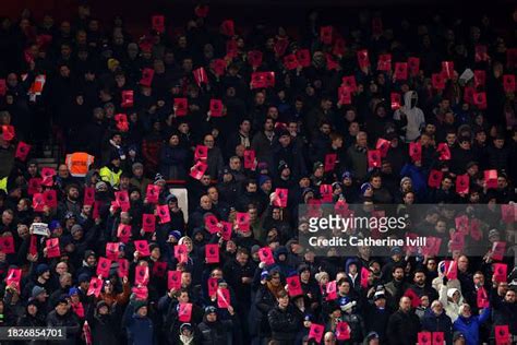 Everton fans hold up pink protest banners during the Premier League ...