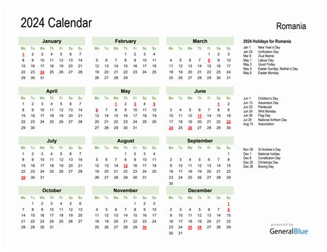 Holiday Calendar For Romania Monday Start