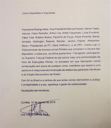 Em carta Lula agradece Maia e congressistas por atuação contra sua