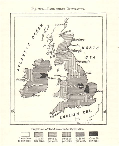 Land Under Cultivation British Isles Sketch Map Old Antique Chart