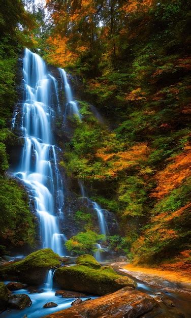 Una Cascada En El Bosque Con Un Bosque Verde Al Fondo Foto Premium