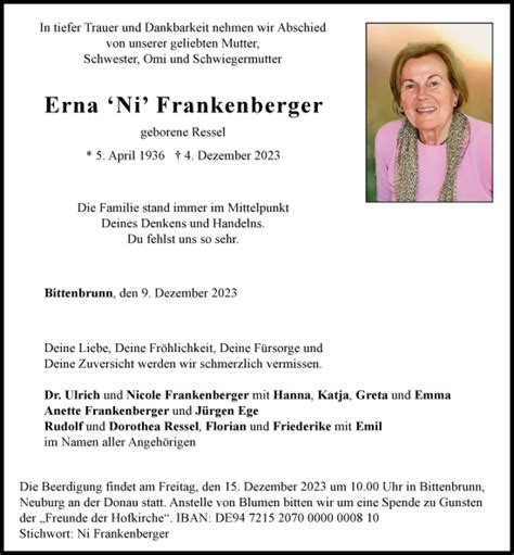 Traueranzeigen Von Erna Frankenberger Augsburger Allgemeine Zeitung