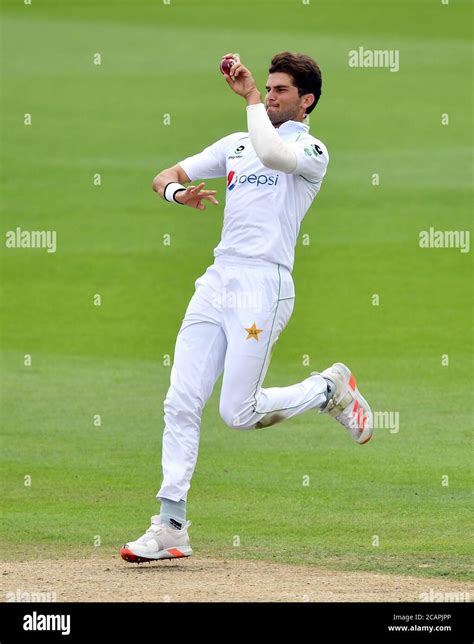 Pakistan's Shaheen Afridi bowling during day four of the First Test ...