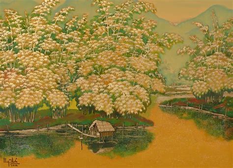 an oil painting of white flowers and trees in front of a yellow ...