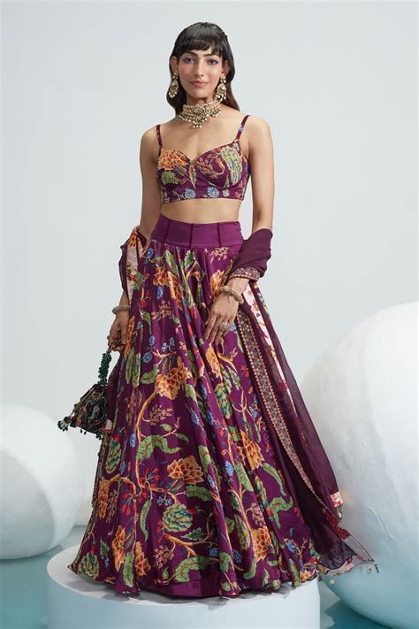 Buy Mahima Mahajan Purple Satin Organza Maha Floral Print Lehenga Set