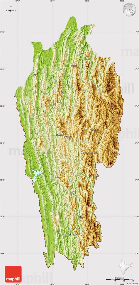 Physical Map of Mizoram, cropped outside