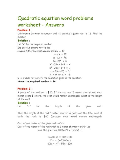 Quadratic Equations Area Problems Worksheet Aq1 Answers Pdf Worksheets Library