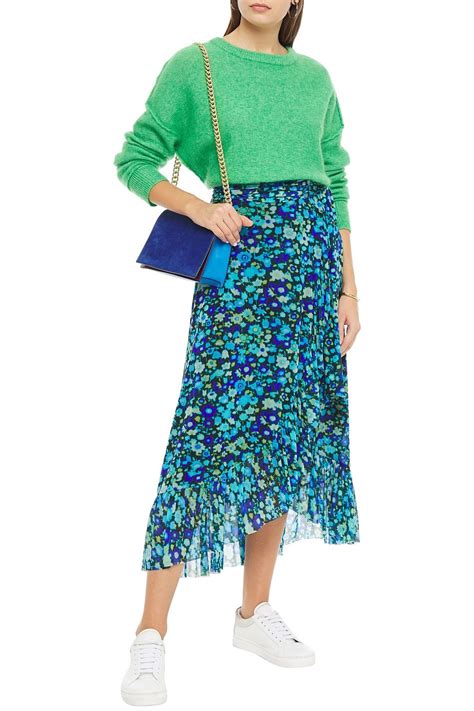 GANNI Ruffled Printed Stretch Mesh Midi Wrap Skirt THE OUTNET