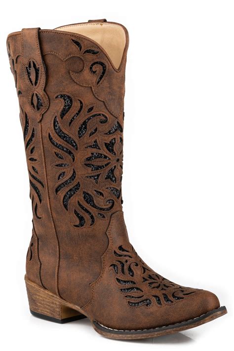 Roper Womens Riley Glitz Brown Faux Leather Cowboy Boots – The Western Company