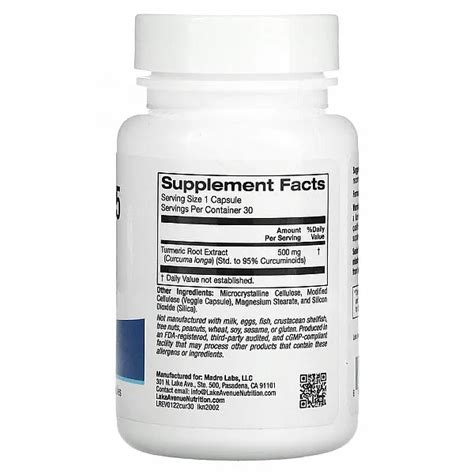 Куркумин 95 (Curcumin 95) 500 мг 30 капсул Lake Avenue Nutrition Купить ...