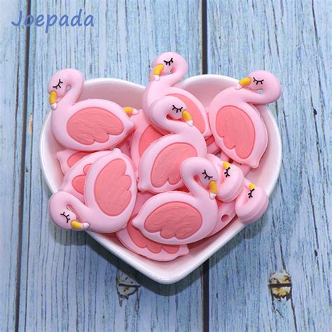 Joepada 10Pcs Lot Silicone Beads Pink Swan Flamingo Shape Making Baby