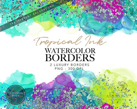 Aqua Watercolor Border Clipart Glitter Border Holographic Digital ...