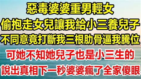 惡毒婆婆重男輕女，偷抱走女兒讓我給小三養兒子，不同意竟打斷我三根肋骨逼我騰位，可她不知她兒子也是小三生的，說出真相下一秒婆婆瘋了全家傻眼情感