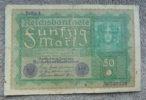 GELDSCHEINE BANKNOTEN EINE Reichsbanknote über Fünfzig Mark 1919 Jahr