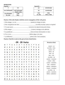 ER IR Verb Conjugation Introdurction Worksheet By ALJanda TPT