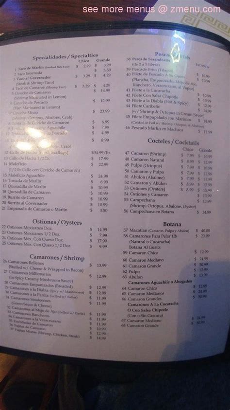 Menu at Mazatlan Restaurant, Long Beach, Paramount Blvd