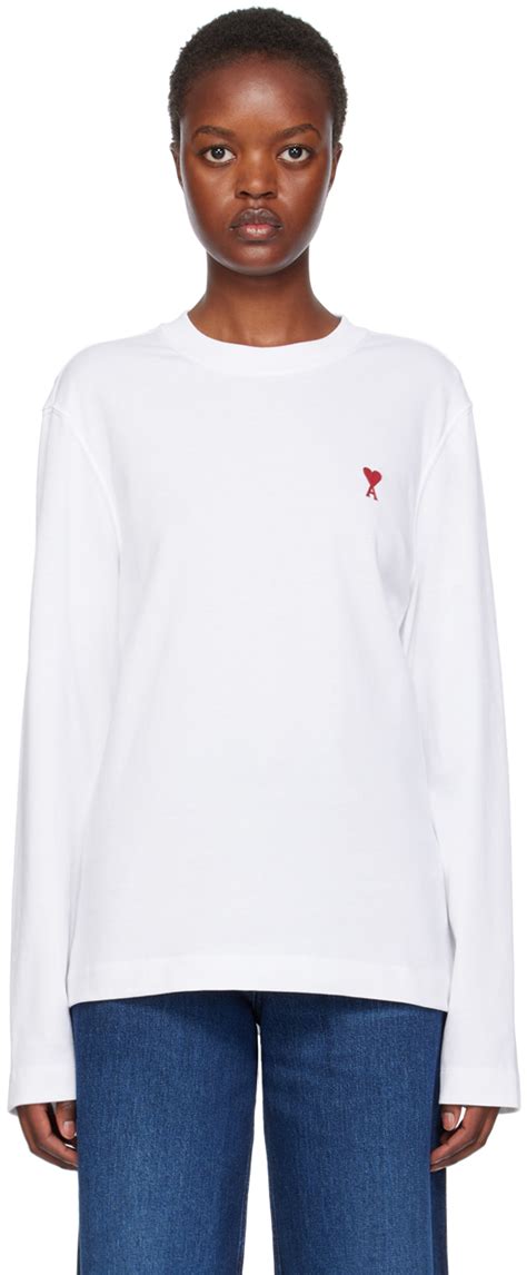 White Ami De Cœur Long Sleeve T Shirt by AMI Paris on Sale