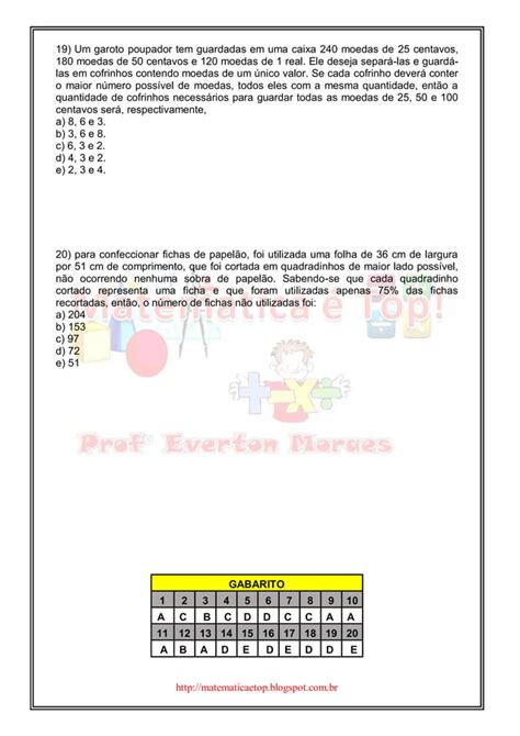 Lista de Exercícios Máximo Divisor Comum mdc PDF