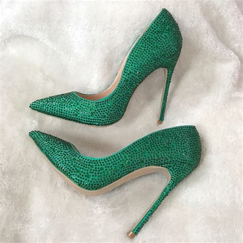 Green Satin Rhinestone Heels Low Cut Stiletto Heel Pumpsfsjshoes