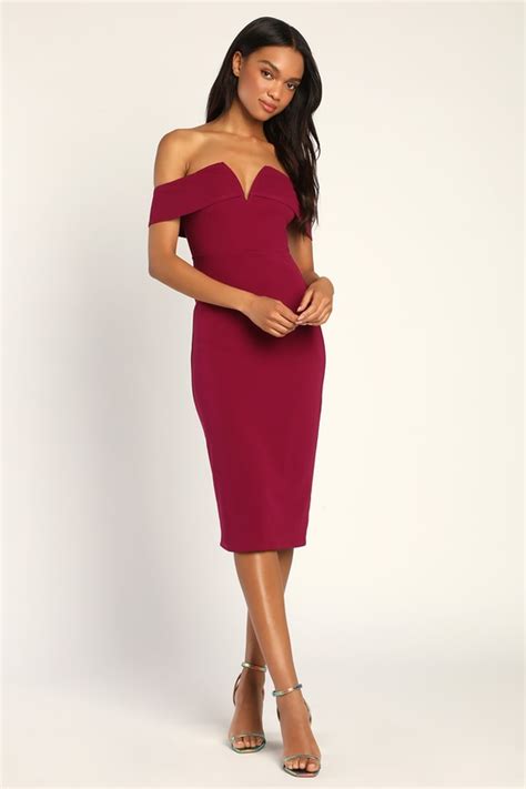 Magenta Midi Dress Off The Shoulder Dress Bodycon Dress Lulus