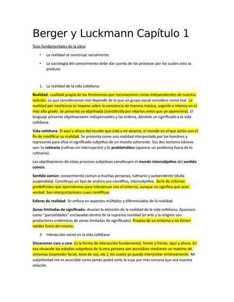 Parcial Berger Y Luckmann Cap Tulo Tesis Fundamentales De La Obra