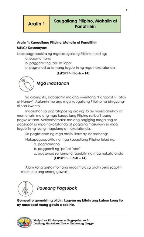 Esp 3 Q3 Weeks 1 2 Read On The Notes Modyul Sa Edukasyon Sa