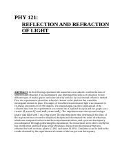 PHY 121 Reflection Refraction Of Light Doc PHY 121 REFLECTION AND