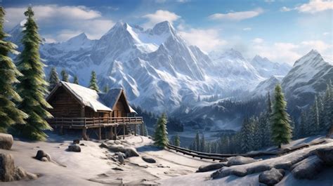 Premium AI Image | a cabin in the mountains with a snowy mountain in ...