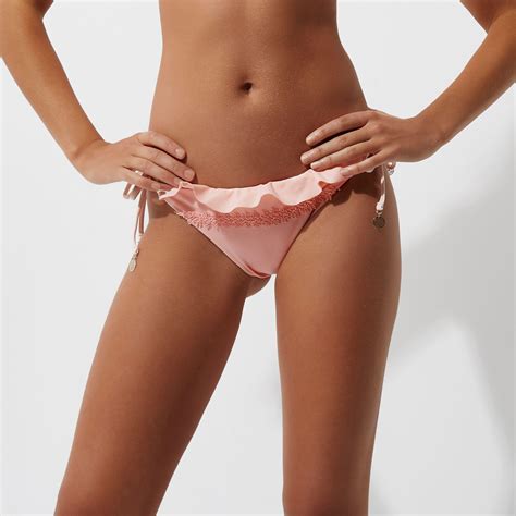 River Island Synthetic Pink Cornelli Frill String Bikini Bottoms Lyst