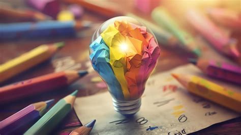 A Light Bulb Made Of Colorful Crumpled Paper On A Wooden Table The Bulb